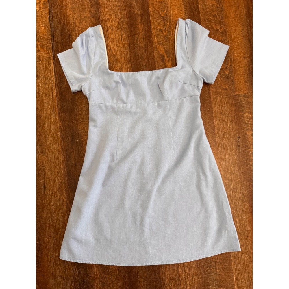 Princess Polly Blue Linen Blend Mini Dress Size 6 Square Neck Short Sleeve